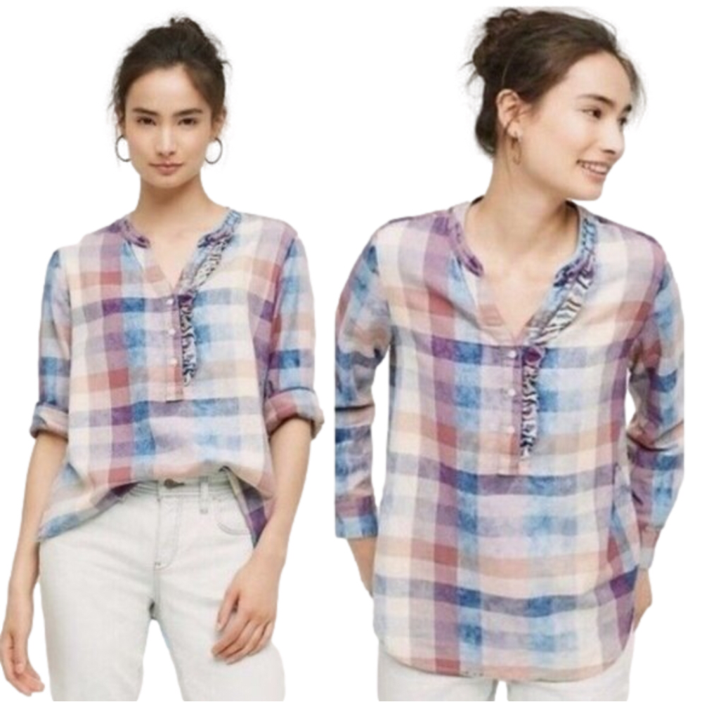 ISABELLA SINCLAIR Pink Blue Plaid Long Sleeve Tunic‎ Ruffle V-Neck Large